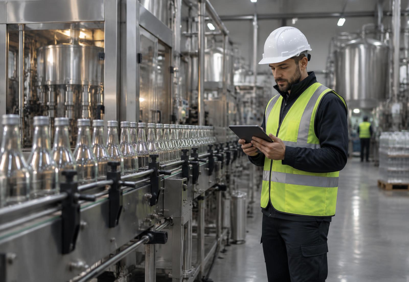 Maintenance engineer reviewing equipment data beside a production line